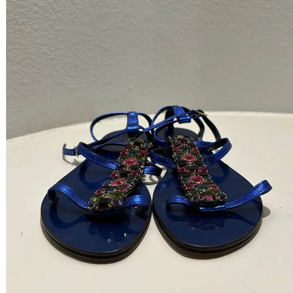 EMANUELA CARUSO New $490 Metallic Blue Crystal Embellished Sandals Sz 35(US 5.5)